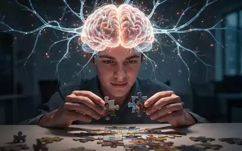 Gehirnaktivität visualisiert mit leuchtenden neuronalen Netzen über dem Kopf einer Person, die ein Puzzle löst. - Foto: über boerse-global.de