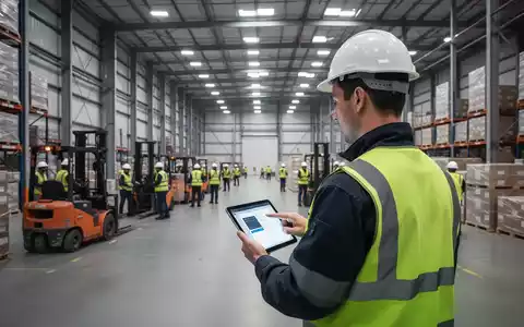 Ein Logistiklager mit Arbeitern in Sicherheitswesten, Gabelstaplern und Paletten. Ein Arbeiter blickt auf ein digitales Tablet. - Foto: über boerse-global.de