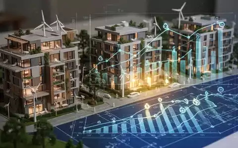 Ein detailliertes Architekturmodell moderner, nachhaltiger Wohngebäude mit einer Blaupausenüberlagerung, die Finanzgrafiken und Steuersymbole zeigt. - Foto: über boerse-global.de
