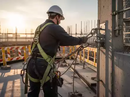 Ein Bauarbeiter mit Sicherheitsgurt sichert sich auf einem Dach. Fokus auf Absturzsicherung und Arbeitssicherheit. - Foto: über boerse-global.de