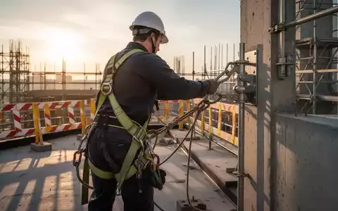 Ein Bauarbeiter mit Sicherheitsgurt sichert sich auf einem Dach. Fokus auf Absturzsicherung und Arbeitssicherheit. - Foto: über boerse-global.de