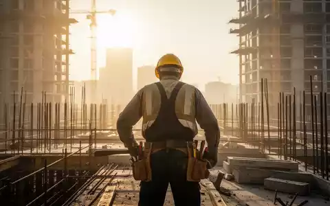 Bauarbeiter arbeitet unter sengender Sonne auf einer Baustelle, mit Hitzeschleier in der Ferne, der extreme Hitze darstellt. - Foto: über boerse-global.de