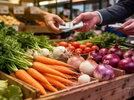 Frisches Bio-Gemüse auf einem Marktstand, mit Händen, die im Hintergrund Geld austauschen. Symbolisiert steigende Nachfrage und Angebot. - Foto: über boerse-global.de