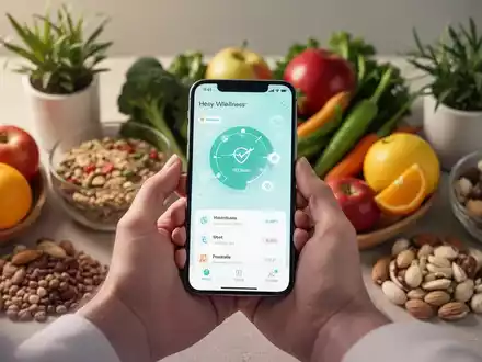 Eine Hand hält ein Smartphone mit einer Gesundheits-App vor einem Hintergrund aus gesunden Lebensmitteln und Pflanzen, die Selbstoptimierung symbolisieren. - Foto: über boerse-global.de