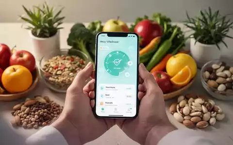 Eine Hand hält ein Smartphone mit einer Gesundheits-App vor einem Hintergrund aus gesunden Lebensmitteln und Pflanzen, die Selbstoptimierung symbolisieren. - Foto: über boerse-global.de