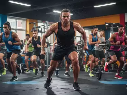 Eine Gruppe von Sportlern in einem Fitnessstudio, die hochintensives Intervalltraining (HIIT) mit Entschlossenheit und Fokus ausführt. - Foto: über boerse-global.de