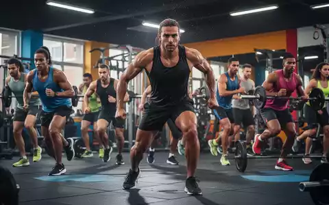 Eine Gruppe von Sportlern in einem Fitnessstudio, die hochintensives Intervalltraining (HIIT) mit Entschlossenheit und Fokus ausführt. - Foto: über boerse-global.de