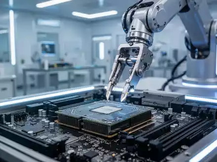 Robotic arm precisely installing a GPU onto a motherboard in a futuristic, clean-room factory, symbolizing AI in hardware manufacturing. - Foto: über boerse-global.de