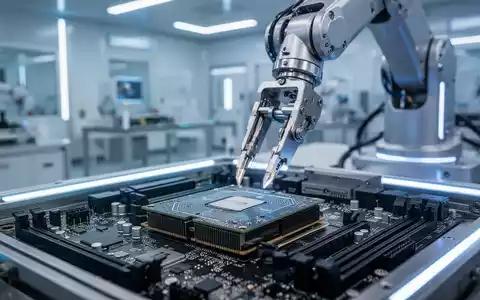 Robotic arm precisely installing a GPU onto a motherboard in a futuristic, clean-room factory, symbolizing AI in hardware manufacturing. - Foto: über boerse-global.de