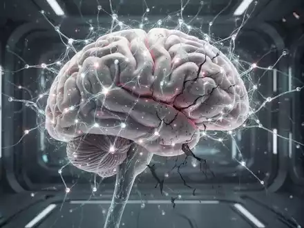 Ein stilisiertes, leuchtendes neuronales Netzwerk überlagert ein menschliches Gehirn, wobei einige Verbindungen verblasst oder unterbrochen sind. - Foto: über boerse-global.de