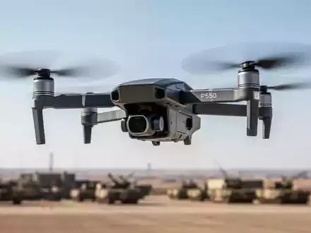 Eine P550-Drohne fliegt am Himmel über einer unscharfen Landschaft. Die Drohne hat ein schlankes, modernes Design. - Foto: über boerse-global.de