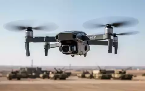 Eine P550-Drohne fliegt am Himmel über einer unscharfen Landschaft. Die Drohne hat ein schlankes, modernes Design. - Foto: über boerse-global.de
