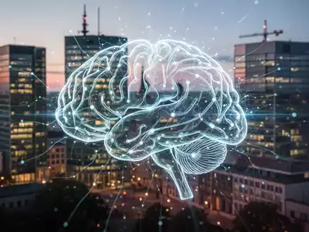 A glowing, abstract neural network pattern overlaid on a blurred image of modern government buildings and a city skyline at dusk. - Foto: über boerse-global.de