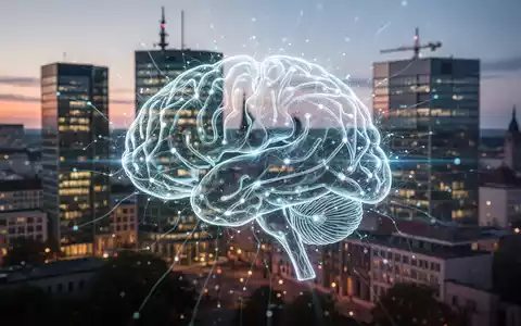 A glowing, abstract neural network pattern overlaid on a blurred image of modern government buildings and a city skyline at dusk. - Foto: über boerse-global.de