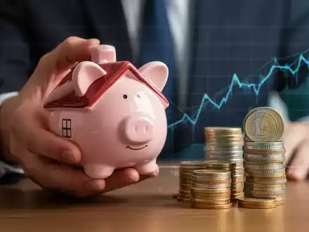 Eine Hand hält ein sparschwein in Hausform neben einem Stapel Euro-Münzen, mit einem angedeuteten Finanzgraphen im Hintergrund. - Foto: über boerse-global.de
