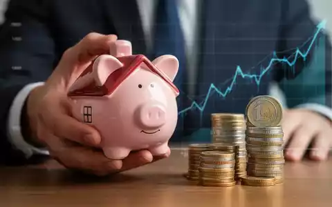 Eine Hand hält ein sparschwein in Hausform neben einem Stapel Euro-Münzen, mit einem angedeuteten Finanzgraphen im Hintergrund. - Foto: über boerse-global.de