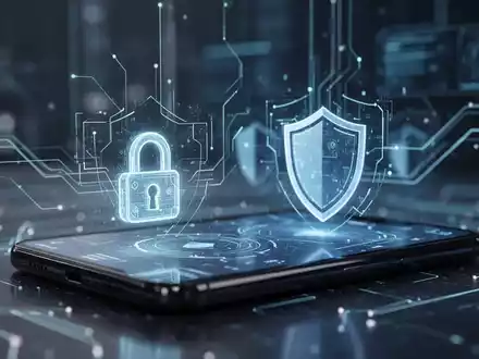 Ein Smartphone-Bildschirm mit einem digitalen Schloss- und einem Schild-Symbol vor einem verschwommenen, modernen Technologiehintergrund. - Foto: über boerse-global.de