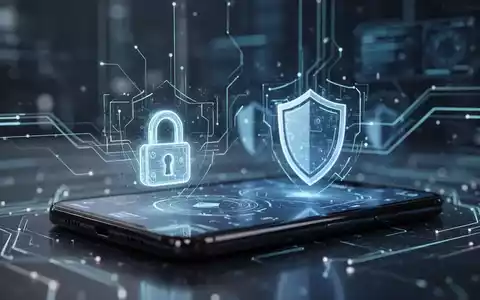 Ein Smartphone-Bildschirm mit einem digitalen Schloss- und einem Schild-Symbol vor einem verschwommenen, modernen Technologiehintergrund. - Foto: über boerse-global.de