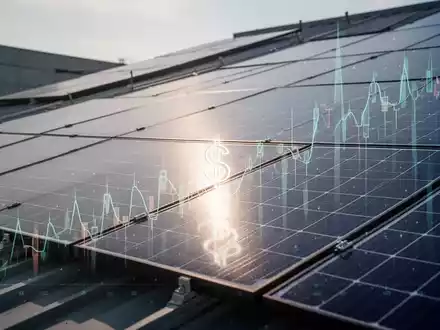 Nahaufnahme von Solarmodulen auf einem Dach mit reflektierendem Licht, das subtile Finanzsymbole andeutet. - Foto: über boerse-global.de