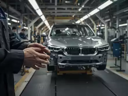 Ein verschwommener Blick auf eine BMW-Produktionslinie mit dem Fokus auf die Hände eines Arbeiters, der Unsicherheit andeutet. - Foto: über boerse-global.de