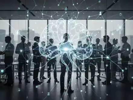 Eine stilisierte, leuchtende neuronale Netzvisualisierung über verschwommenen Silhouetten von Menschen in einem modernen Büro. - Foto: über boerse-global.de