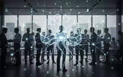 Eine stilisierte, leuchtende neuronale Netzvisualisierung über verschwommenen Silhouetten von Menschen in einem modernen Büro. - Foto: über boerse-global.de