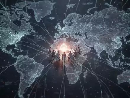 Abstract representation of global AI regulation, with intertwined digital neural networks and glowing nodes indicating international collaboration and tension. - Foto: über boerse-global.de