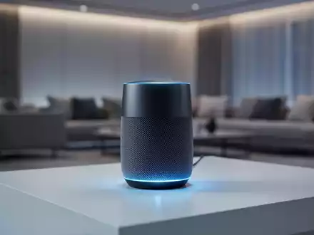 Ein schlanker, moderner Smart-Speaker mit dezentem blauem Licht auf einer minimalistischen Oberfläche, im Hintergrund ein unscharfes Wohnzimmer. - Foto: über boerse-global.de