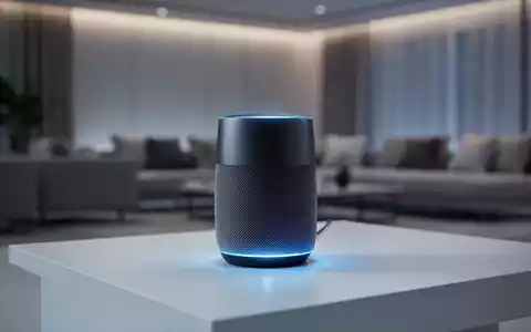 Ein schlanker, moderner Smart-Speaker mit dezentem blauem Licht auf einer minimalistischen Oberfläche, im Hintergrund ein unscharfes Wohnzimmer. - Foto: über boerse-global.de