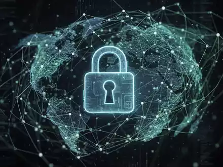 An abstract digital image showing a padlock icon over a network of glowing lines and nodes, symbolizing cybersecurity and data protection. - Foto: über boerse-global.de