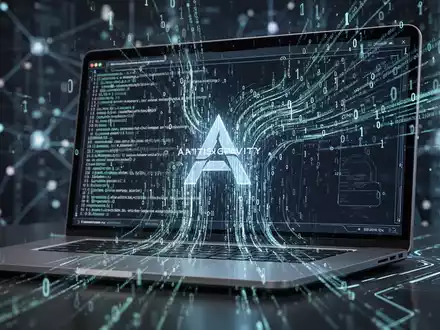 Binary code and data streams flowing into a futuristic command-line interface terminal with an 'A' symbol, representing a shift in tech. - Foto: über boerse-global.de