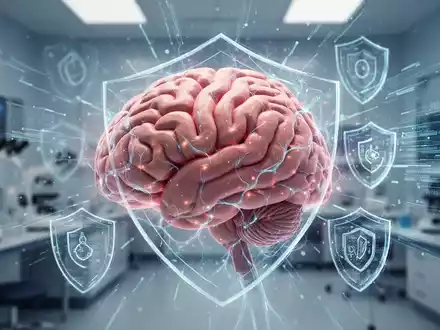 Ein detailliertes Bild eines Gehirns mit leuchtenden neuronalen Pfaden, umgeben von schützenden Schildern und Datenströmen in einem Labor. - Foto: über boerse-global.de
