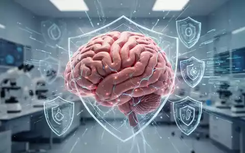 Ein detailliertes Bild eines Gehirns mit leuchtenden neuronalen Pfaden, umgeben von schützenden Schildern und Datenströmen in einem Labor. - Foto: über boerse-global.de