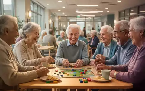 Senioren nehmen an einer Gemeinschaftsaktivität in einem hellen Gemeindezentrum teil, lachen und interagieren miteinander. - Foto: über boerse-global.de