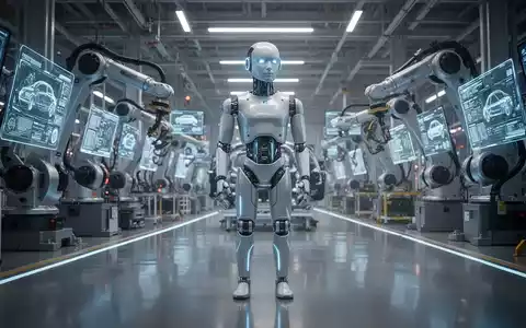 A humanoid robot with a sleek metallic finish and blue light accents stands in a high-tech automotive factory. - Foto: über boerse-global.de