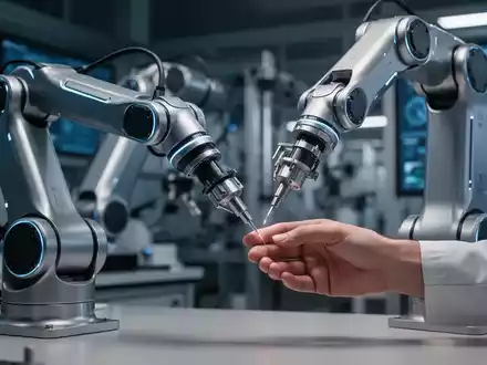 A futuristic robotic arm with a human hand collaborating on a task in a high-tech lab, symbolizing human-robot interaction and dexterity. - Foto: über boerse-global.de