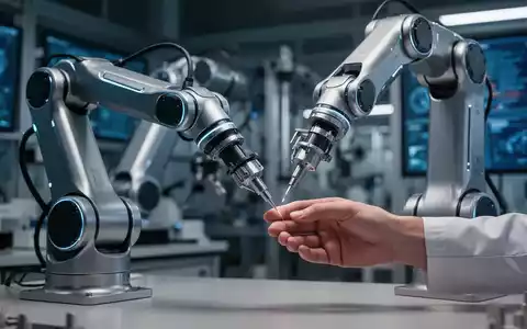 A futuristic robotic arm with a human hand collaborating on a task in a high-tech lab, symbolizing human-robot interaction and dexterity. - Foto: über boerse-global.de
