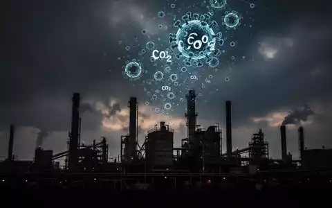 Industriegebäude unter einem dunklen Himmel, mit stilisierten CO2-Molekülen, die aufsteigen, symbolisiert die Debatte um CO2-Preise. - Foto: über boerse-global.de