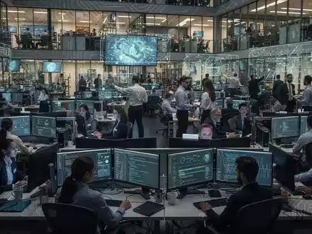 Eine große Gruppe von 1.850 Ingenieurspezialisten arbeitet zusammen in einem modernen Tech-Büro mit leuchtenden Bildschirmen. - Foto: über boerse-global.de