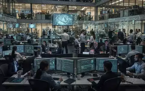Eine große Gruppe von 1.850 Ingenieurspezialisten arbeitet zusammen in einem modernen Tech-Büro mit leuchtenden Bildschirmen. - Foto: über boerse-global.de