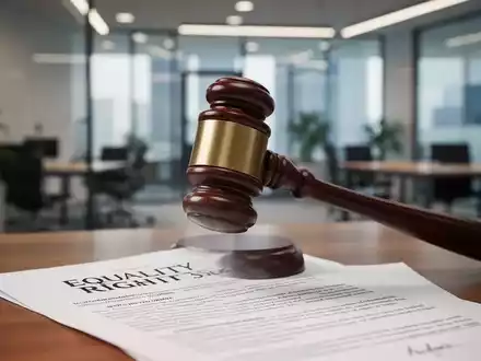 Ein Nahaufnahme eines Richterhammers, der auf einem juristischen Dokument liegt, mit einem unscharfen modernen Bürohintergrund. - Foto: über boerse-global.de