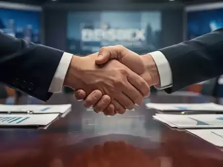 Zwei Hände schütteln sich über einem Konferenztisch, im Hintergrund unscharfe Dokumente und Studiogeräte. Symbolisiert einen Tarifabschluss. - Foto: über boerse-global.de