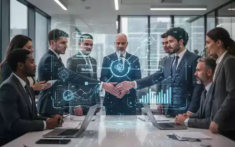 Geschäftsleute arbeiten zusammen an einer holografischen Projektion, die digitale Strategien, KI und Automatisierung symbolisiert. - Foto: über boerse-global.de