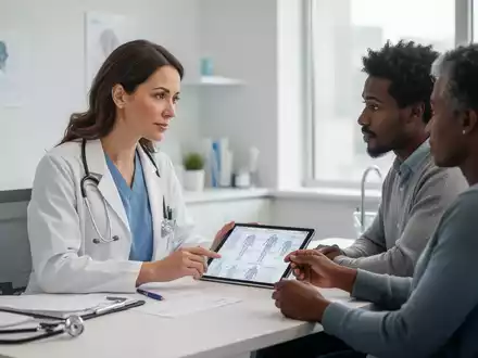 Eine Ärztin berät einen Patienten in einem modernen Büro, symbolisch für die Forderung nach Ernährungsberatung als Kassenleistung. - Foto: über boerse-global.de