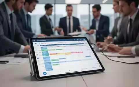 Ein Tablet zeigt einen digitalen Dienstplan, im Hintergrund verschwommen arbeitende Personen. Fokus auf Arbeitszeitmanagement und Digitalisierung. - Foto: über boerse-global.de