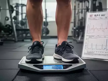 Eine Person steht auf einer digitalen Waage, die ein sinkendes Gewicht anzeigt. Im verschwommenen Hintergrund sind Fitnessgeräte und medizinische Daten zu sehen. - Foto: über boerse-global.de