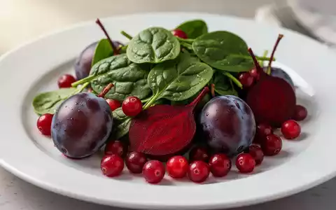 Ein Teller mit gesunden Lebensmitteln wie Spinat, Rote Bete, Pflaumen und Cranberries, die das Herz-Kreislauf-Risiko senken. - Foto: über boerse-global.de