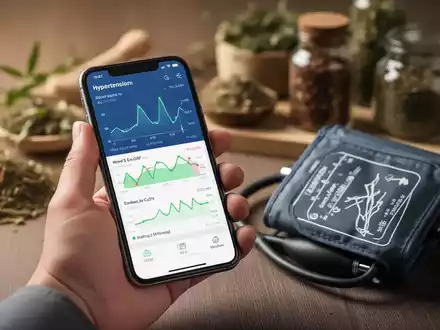Eine Hand hält ein Smartphone mit Gesundheitsdaten, im Hintergrund verschwimmen digitale Geräte und natürliche Heilmittel. - Foto: über boerse-global.de