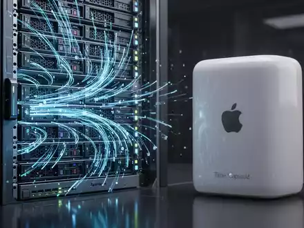 A modern server rack with glowing data streams next to an older Apple Time Capsule, symbolizing technology transition. - Foto: über boerse-global.de