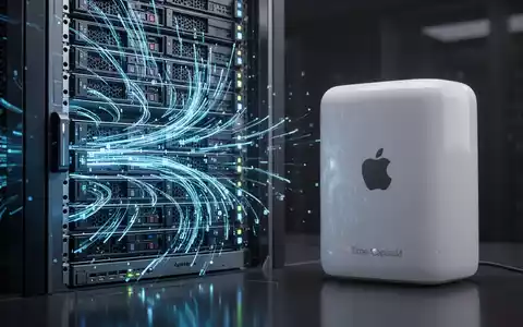 A modern server rack with glowing data streams next to an older Apple Time Capsule, symbolizing technology transition. - Foto: über boerse-global.de